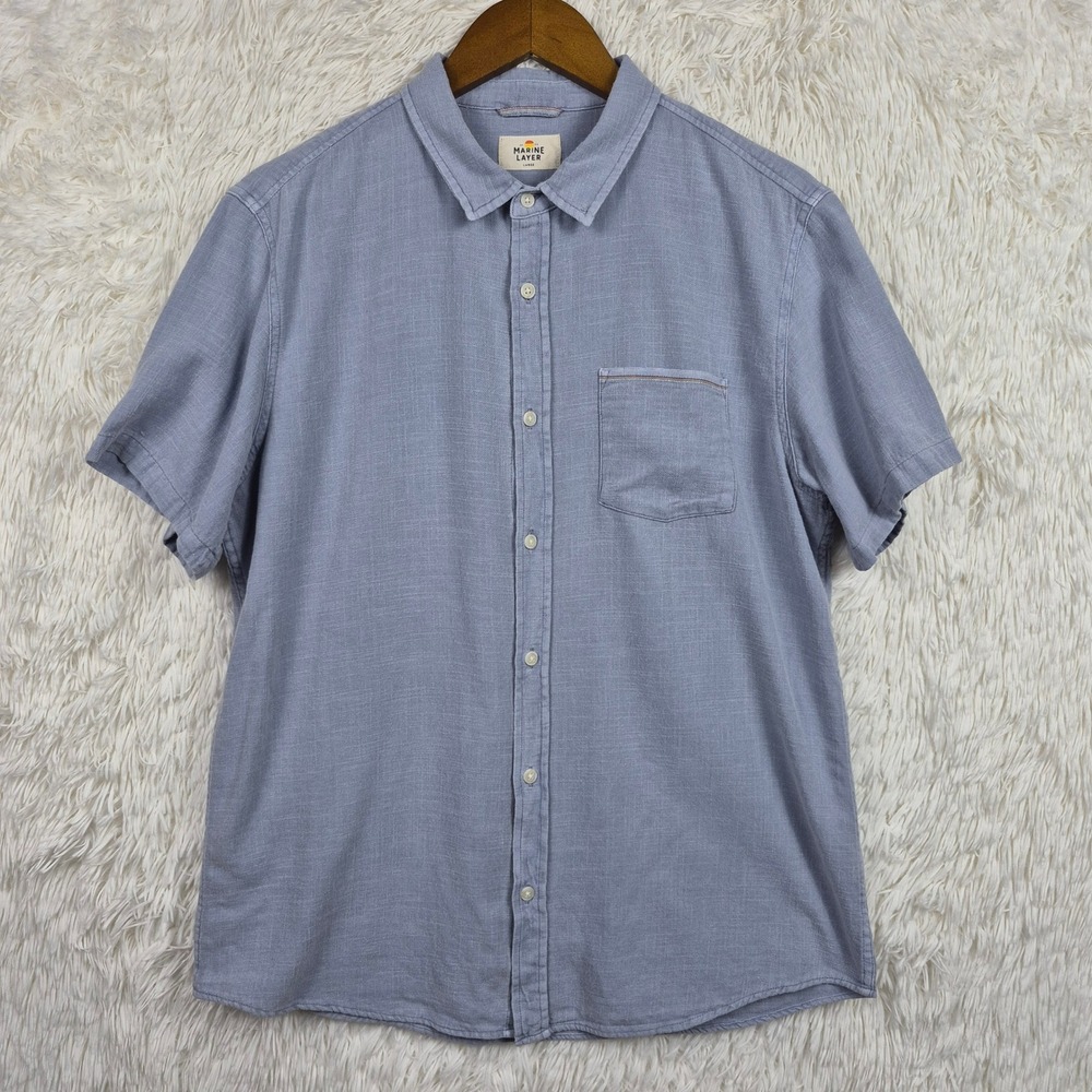 Marine Layer Mens L Light Blue Stretch Selvage Short Sleeve Button Down Shirt